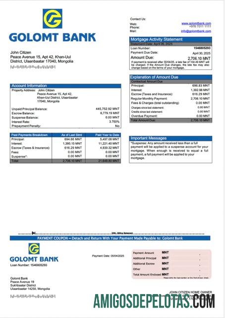 em branco Modelo Word e PDF de extrato de hipoteca do Banco Golomt da Mongólia
